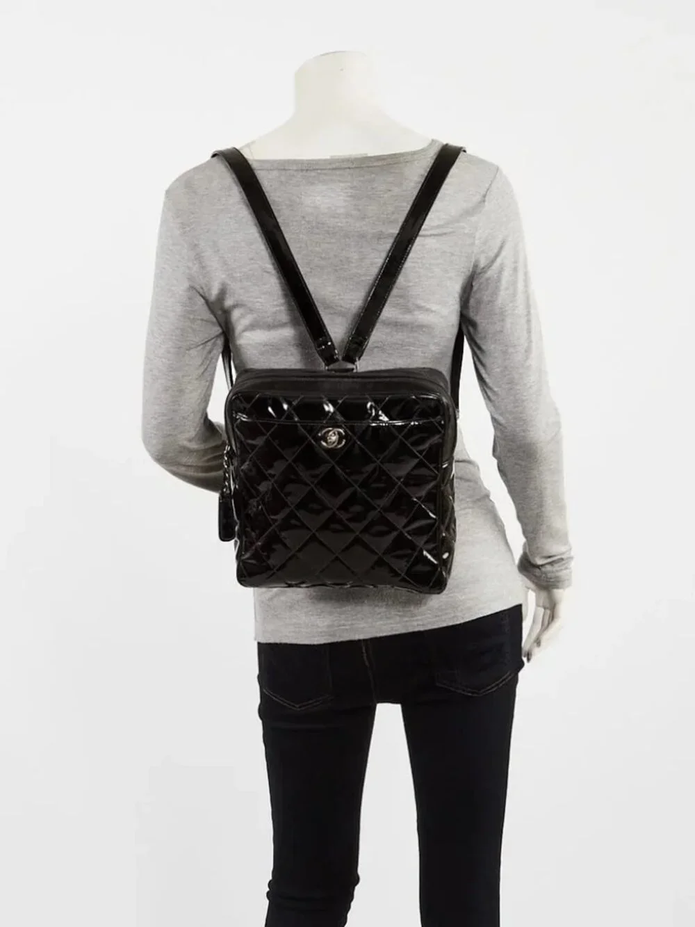 Chanel Black Quilted Patent Leather Backpack Bag